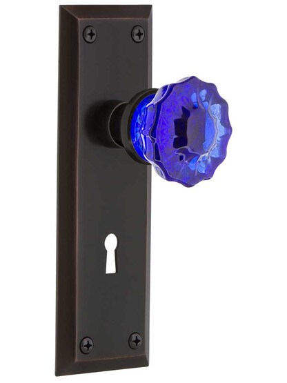 New York Door Set with Keyhole and Colored Fluted Crystal Glass Knobs Cobalt Blue in Timeless Bronze.